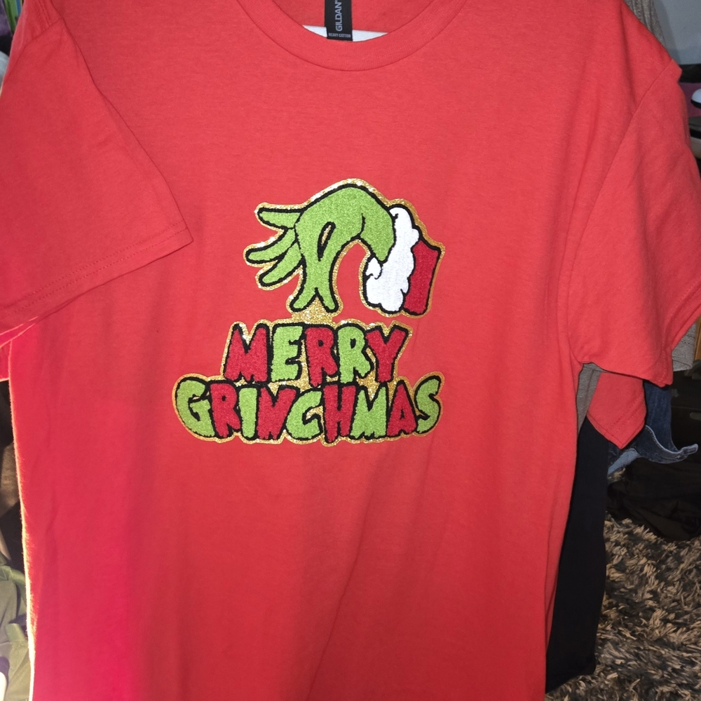 Red Merry Grinchmas T-Shirt W/Chenille Patch